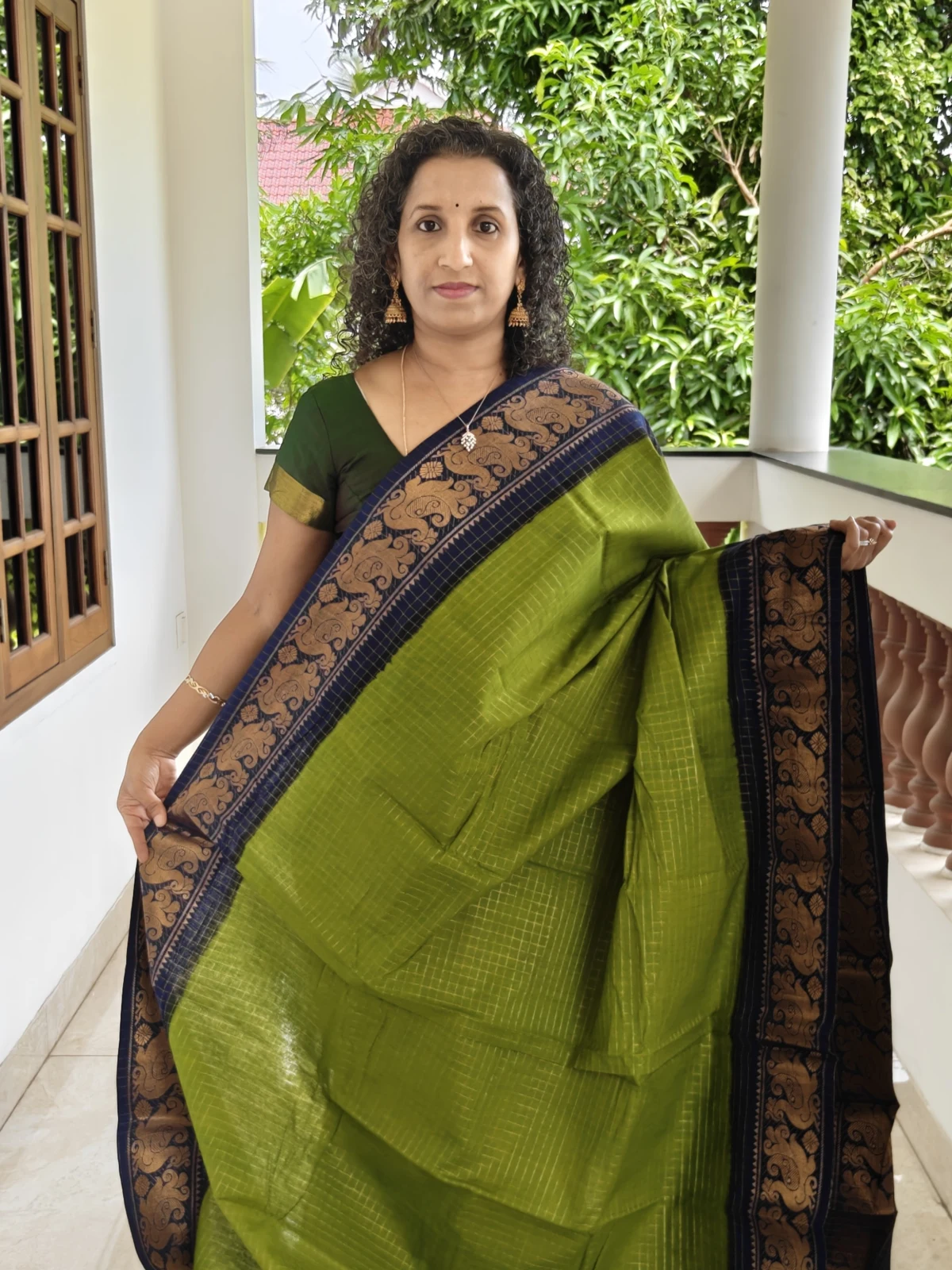 Green and Dark Blue Sungudi Cotton Saree with Zari Kattam and Peacock Border